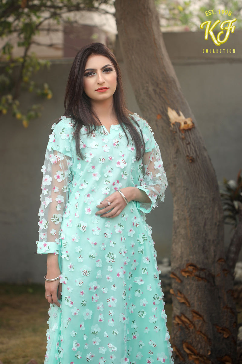 Mint Green Embroidered 3D Net Dress