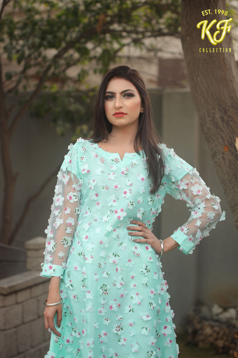 Mint Green Embroidered 3D Net Dress